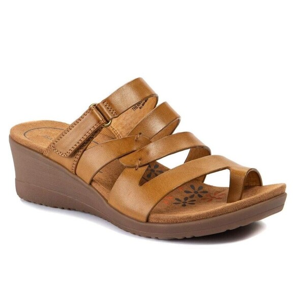 Baretraps Womens 11 W Caramel Brown Strappy Wedge Heel Sandals NIB GZ5 - Picture 1 of 5